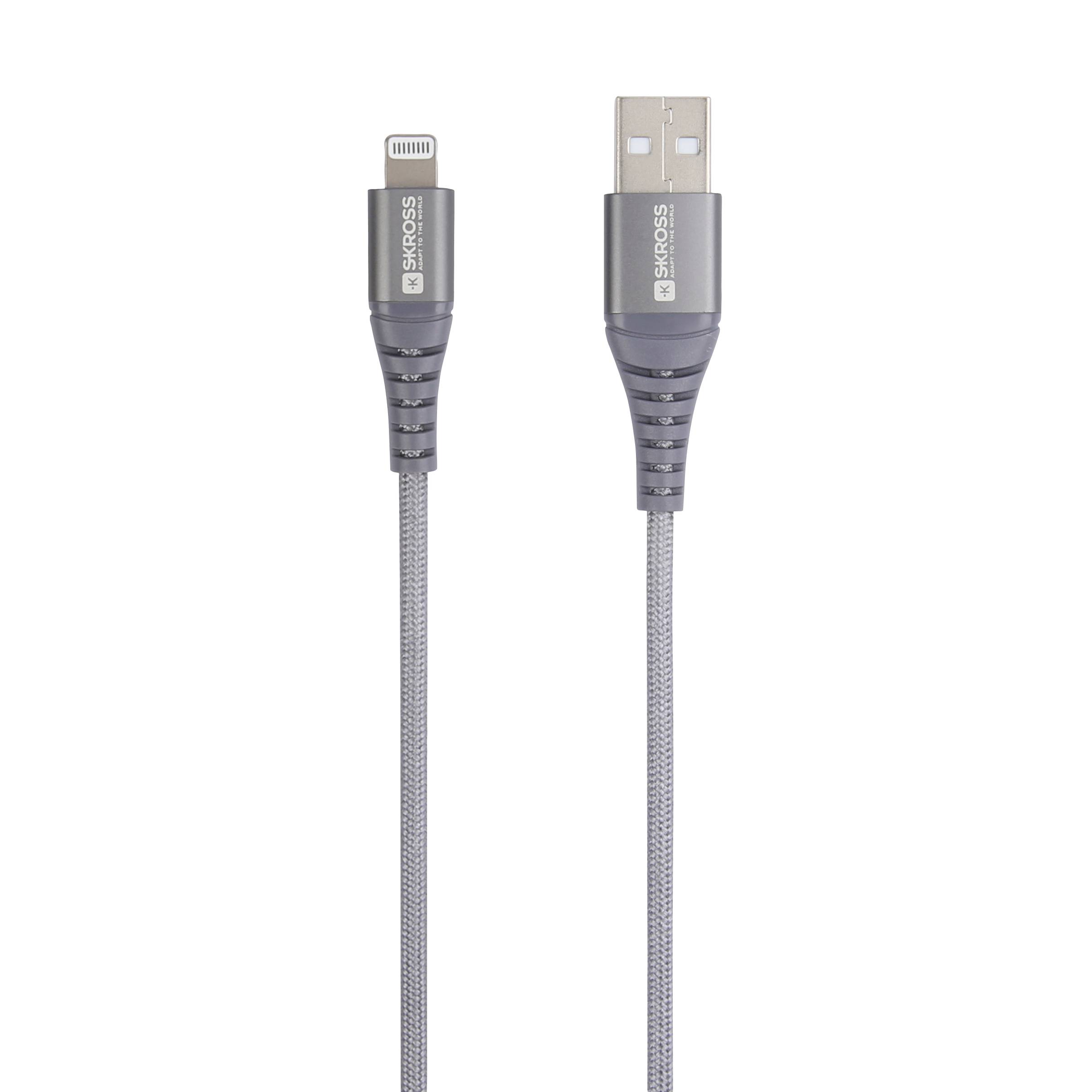 USB-Kabel mit Lightning-Stecker und USB-A-Stecker, geeignet zum Laden und Synchronisieren von Geräten, Metallummantelung für Haltbarkeit.
