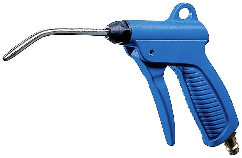 Blauer Druckluft-Ausblaspistole mit ergonomischem Griff und gebogener Düse, zum Reinigen oder Entfernen von Schmutz.
