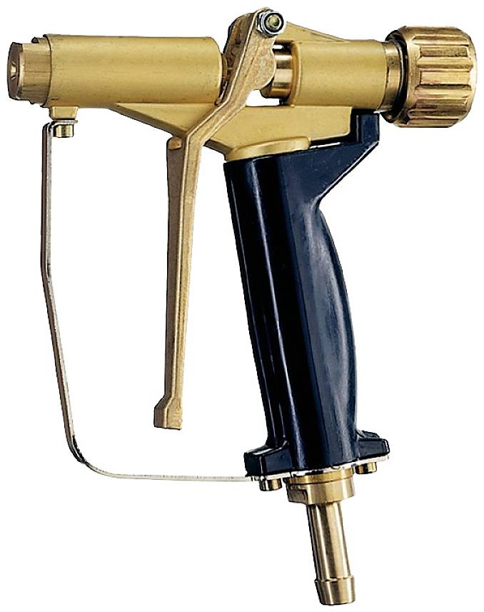 Eine Messing-Wasserpistole mit schwarzem Griff, die für Hochdruckreinigung verwendet wird. Enthält einen einstellbaren Sprühhebel.