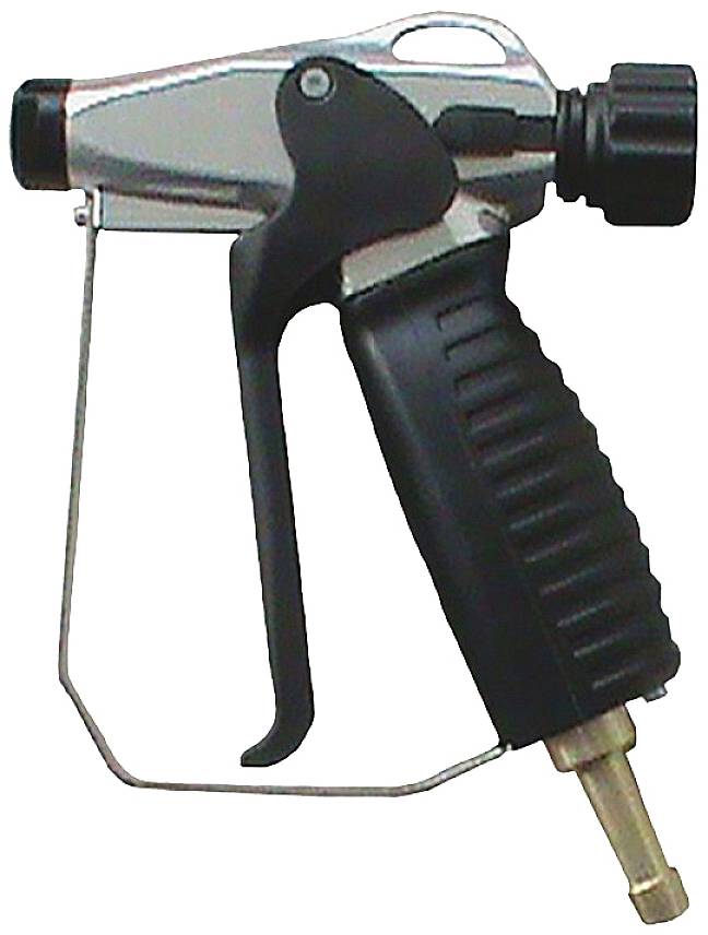 Metall-Gartenschlauchdüse mit schwarzem Gummigriff und einstellbarem Sprühkopf.