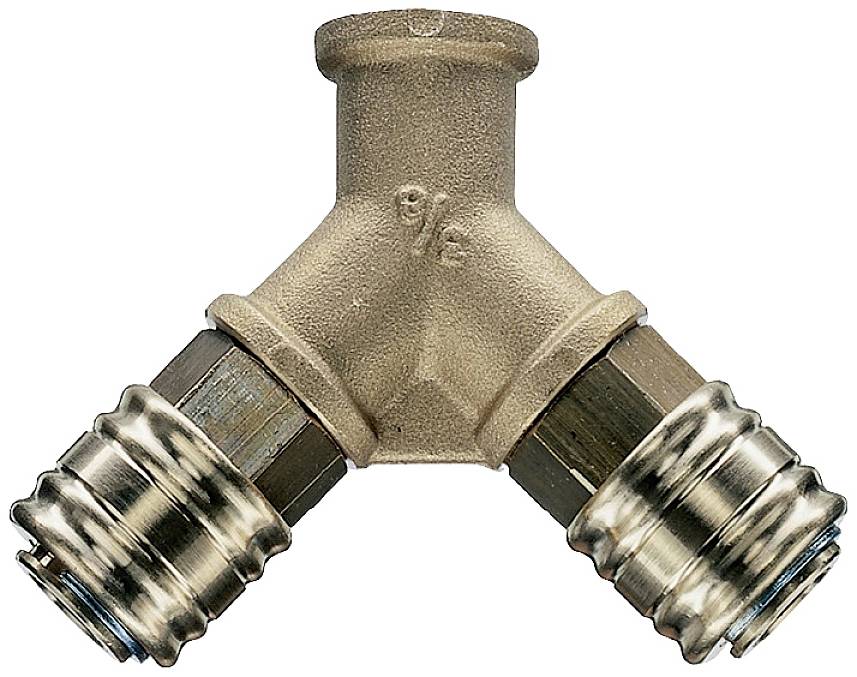Ein Y-förmiger Messinganschluss mit zwei breiten Gewinden, die für den Einsatz in Rohrleitungen oder Wasserinstallationen geeignet sind.