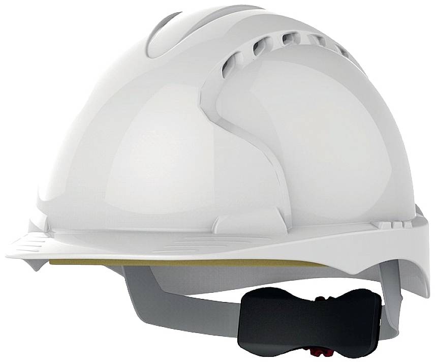 Ein weißer Schutzhelm mit Belüftungsschlitzen, Stirnband und Kinnriemen, entworfen für Sicherheit auf Baustellen.