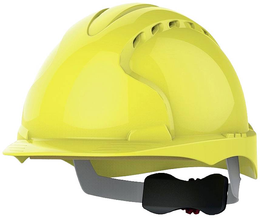 Gelber Schutzhelm für Bauarbeiten, mit Belüftungsschlitzen und verstellbarem Kinnriemen.