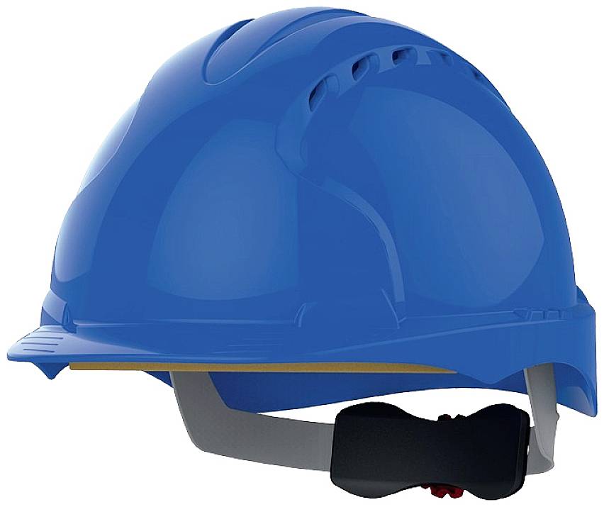 Ein blauer Schutzhelm, seitlich betrachtet, verwendet für Sicherheitszwecke auf Baustellen und in Industriebereichen.