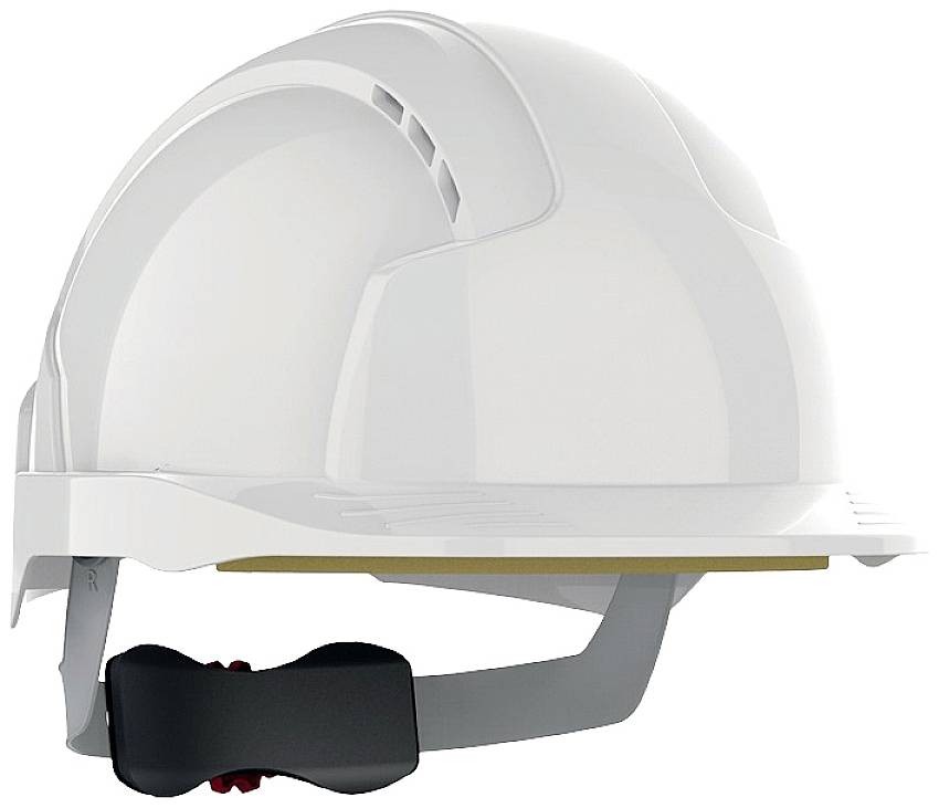 Weißer Schutzhelm mit verstellbarem Kinnriemen, seitlich abgebildet vor weißem Hintergrund.