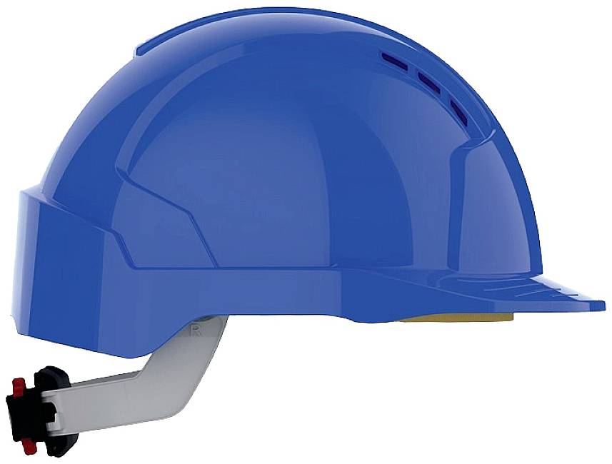 Ein blauer Schutzhelm aus Kunststoff mit verstellbarem Kinnriemen, seitlicher Ansicht.