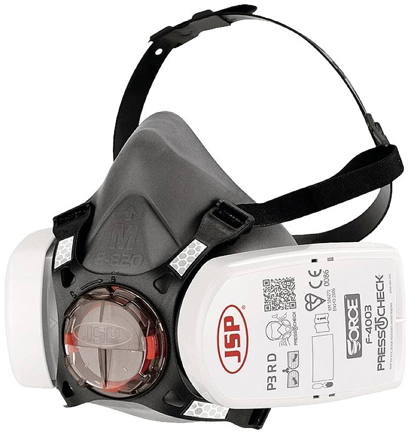 Atemschutzmaske mit grauem Gesichtsteil und weißen Filtern, Modell 'JSP Force 8' mit P3-Filtern und PressToCheck-System.