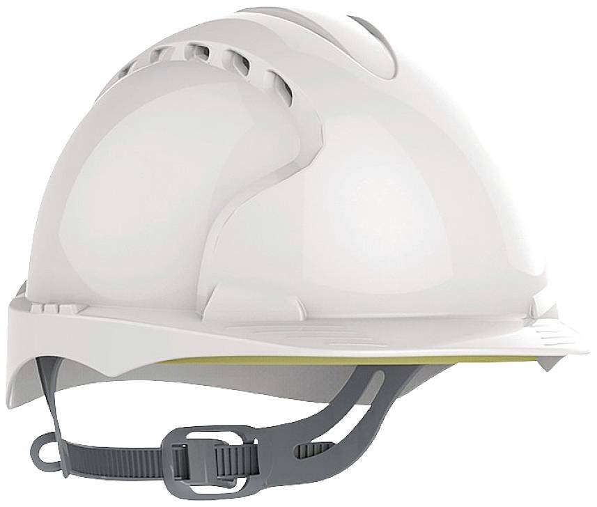 Ein weißer Schutzhelm mit Belüftungsschlitzen und einem grauen Kinnriemen, seitlich abgebildet. Geignet für Baustellensicherheit.