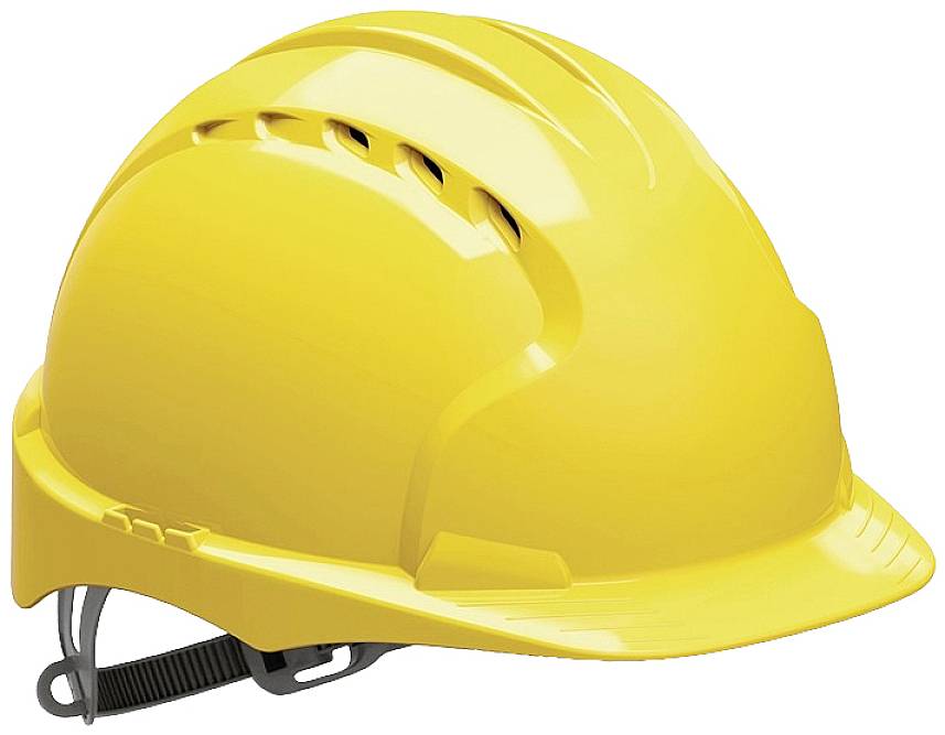 Ein gelber Schutzhelm aus Kunststoff mit Belüftungsschlitzen und verstellbarem Riemen.