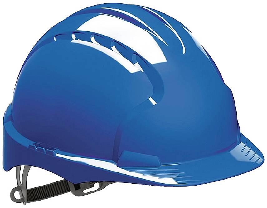 Ein blauer Schutzhelm, wie er auf Baustellen getragen wird, liegt vor einem weißen Hintergrund.
