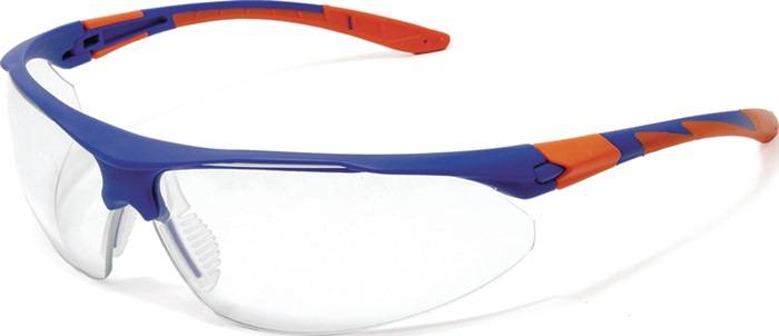 Eine Sonnenbrille mit blauen und orangefarbenen Bügeln liegt auf einer weißen Oberfläche. Die Gläser sind getönt.