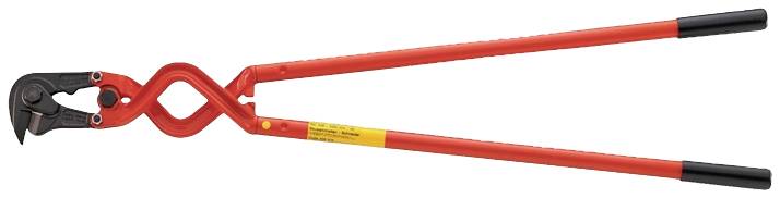Großer Bolzenschneider mit rot lackierten, langen Griffen und schwarzem Schneidkopf, geeignet zum Schneiden von dicken Metallstangen.
