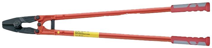 Ein großer roter Bolzenschneider mit schwarzen Schneidbacken, der zum Durchtrennen von Metallstangen oder -drähten verwendet wird.