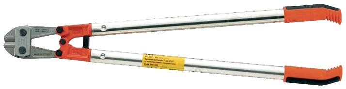 Bolzenschneider mit roten Griffen und silbernem Schneidekopf, geeignet zum Durchtrennen von Metallstangen oder schweren Drähten.