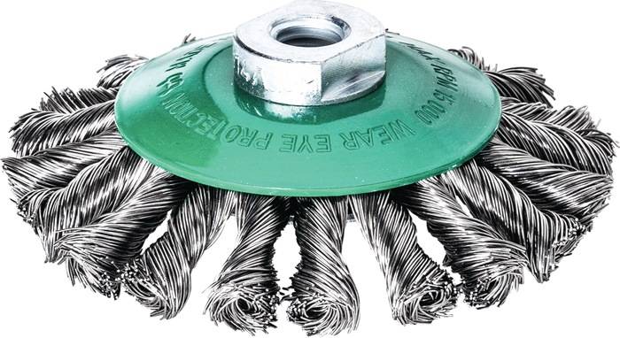 Drahtbürstenaufsatz für Bohrmaschinen, bestehend aus verdrehten Metalldrähten und grünem Kunststoffgehäuse mit Metallgewinde.