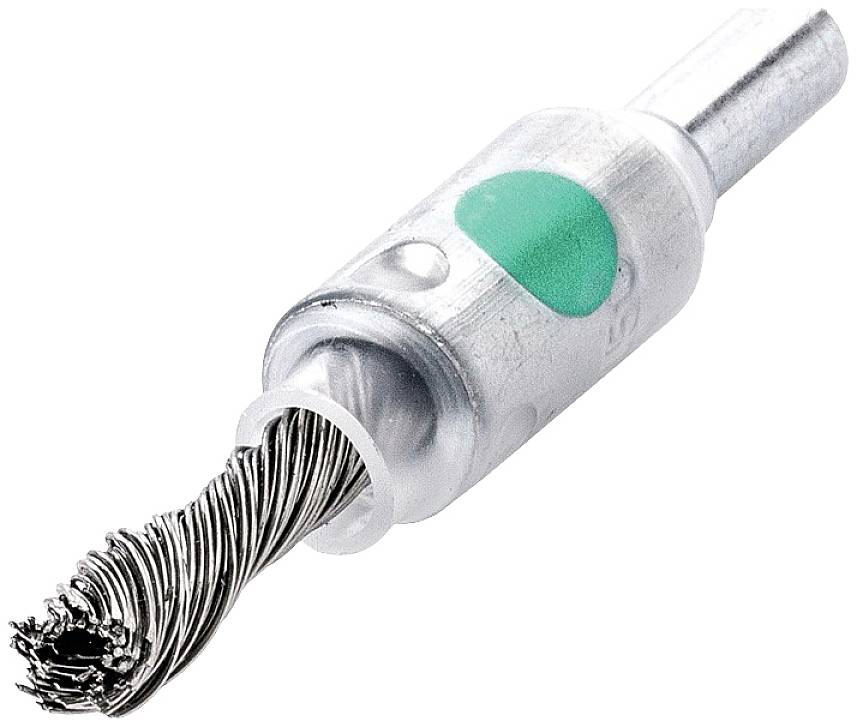 Silberne Metallbürste mit grünem Farbfleck, verwendet für feine Reinigungsarbeiten oder Entgraten von Metalloberflächen.