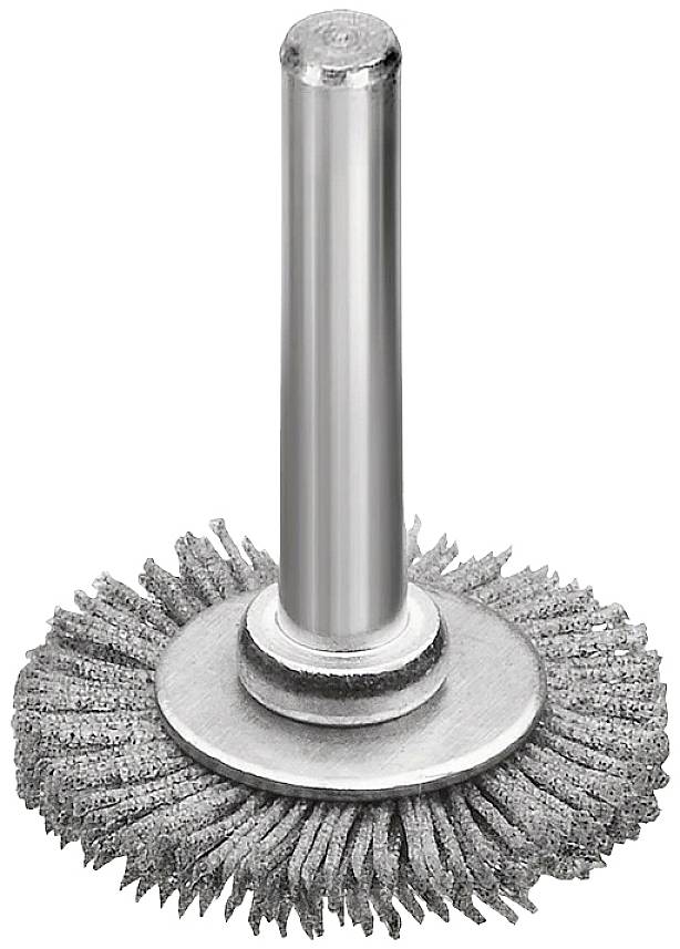 Eine Drahtbürste mit einem Metallgriff und einem runden Bürstenkopf aus Metallborsten.