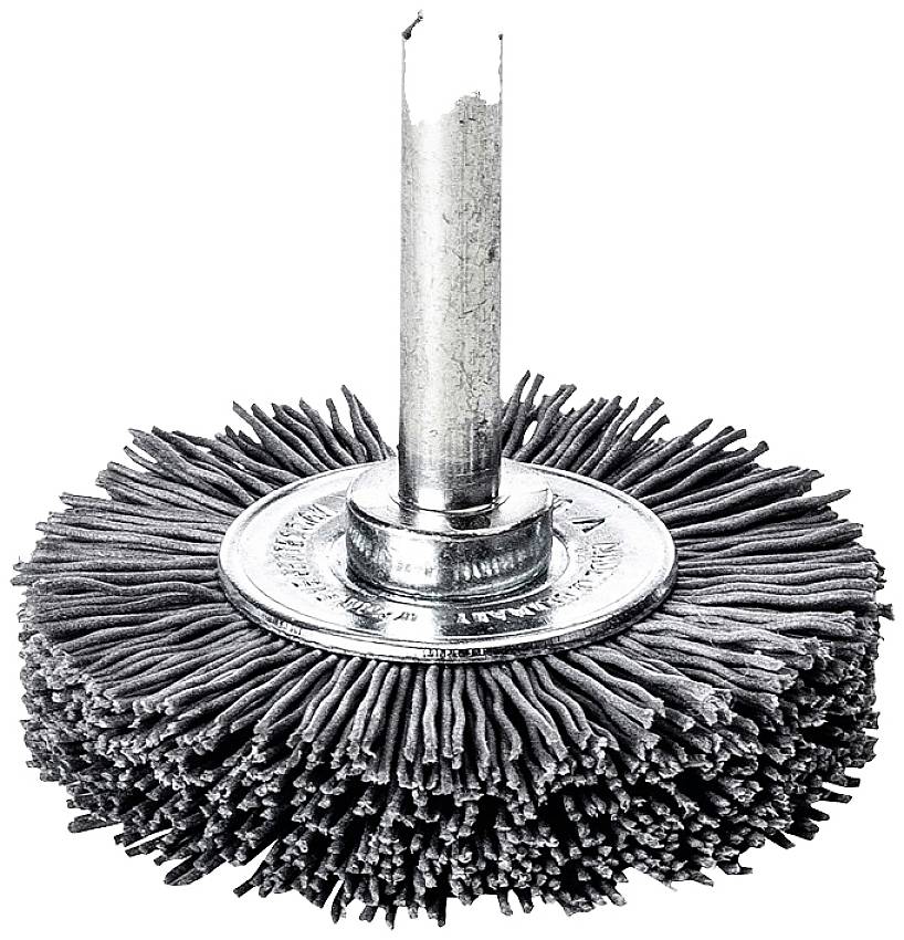 Runde Drahtbürste mit radialen Borsten für Bohrmaschinen, verwendet zur Reinigung oder Entfernung von Rost und Farbe auf Metalloberflächen.