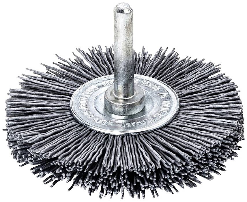 Bild einer runden Drahtbürste mit vielen feinen, gleichmäßigen Drahtborsten und einem zentralen Metallstift zur Befestigung.