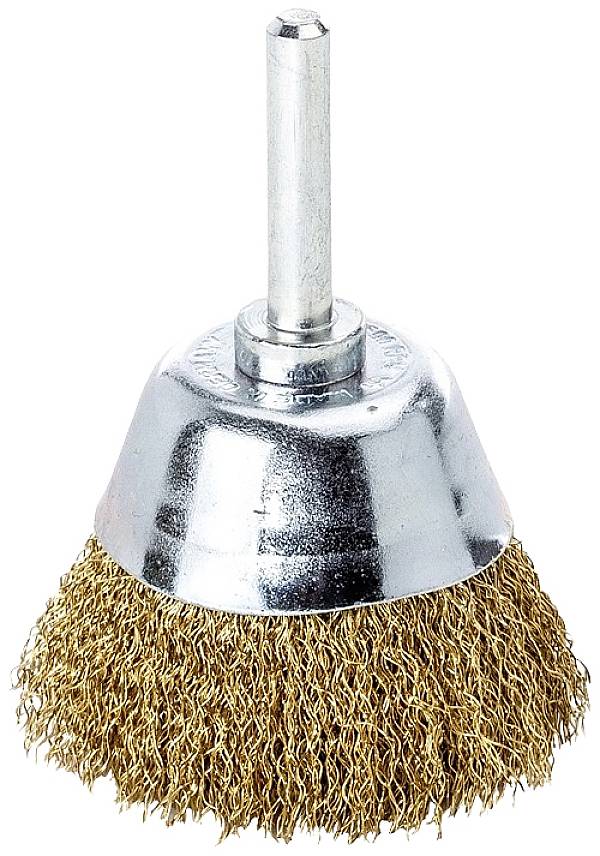 Metall-Drahtbürstenaufsatz mit Metallstift zur Befestigung an Bohrmaschinen, geeignet für das Entfernen von Rost und Farbresten.