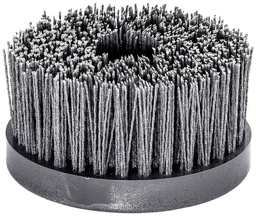 Runde Drahtbürste mit Borsten in zylindrischer Anordnung. Geeignet für die Bearbeitung metallischer Oberflächen zur Entfernung von Rost und Farbe.