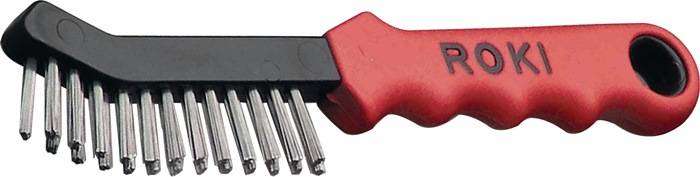Ein roter Kunststoffgriff mit drei langen, metallischen Stäben, die aus einem schwarzen Block herausragen. Werkzeug zur Reparatur.