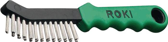 Ein grüner, ergonomischer Schraubendrehergriff an einem schwarzen Sockel mit mehreren hervorstehenden Metallstiften.