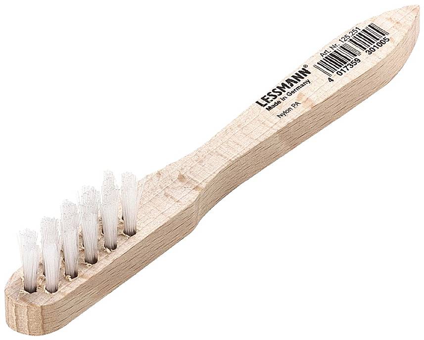 Handbürste mit Holzgriff, weiße Borsten. Barcode und Schriftzug 'LESSMANN' auf dem Griff.