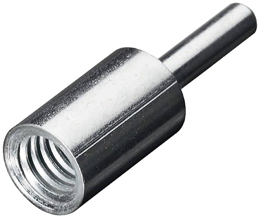 Eine Metallhülsenmutter mit Gewinde und glattem Schaft. Sie ist zylindrisch und dient zur Befestigung von Bauteilen.