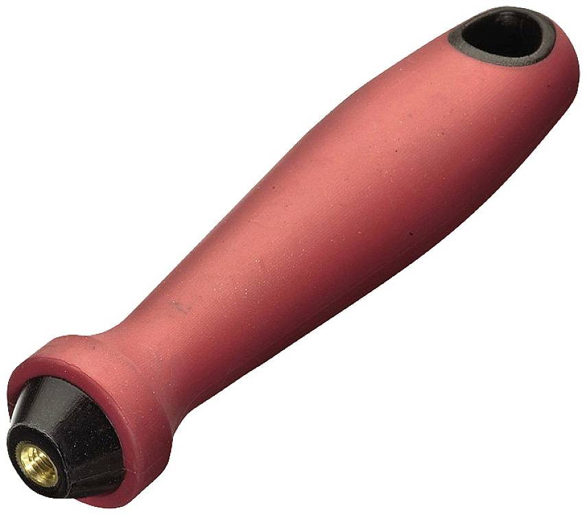 Roter Griff aus Kunststoff mit einem Metallgewinde am Ende, vermutlich als Bestandteil eines Werkzeugs oder Geräts zu verwenden.
