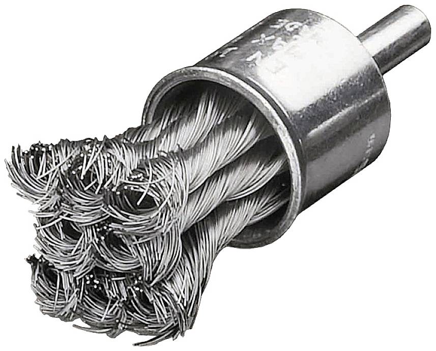 Drahtbürstenaufsatz in zylindrischer Form mit dichten, geflochtenen Metalldrähten, geeignet für Bohrmaschinen zur Metallreinigung.