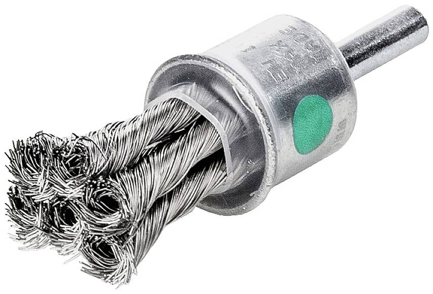 Drahtbürstenaufsatz für Bohrmaschine, zylindrische Form, mit Metallborsten, geeignet zur Entfernung von Rost oder Farbe.