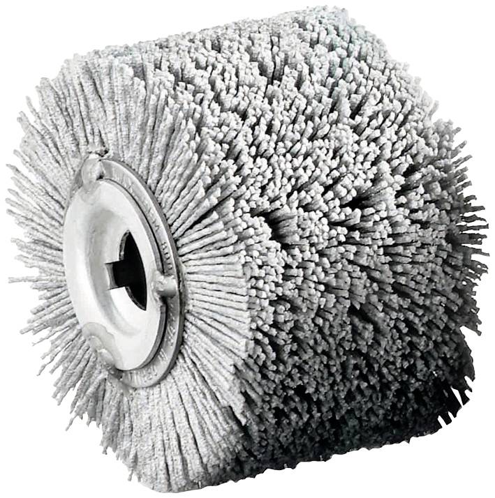 Eine abrasive Schleifbürste mit Metallkern und dichten Borsten, geeignet zur Oberflächenbearbeitung von Materialien wie Holz und Metall.