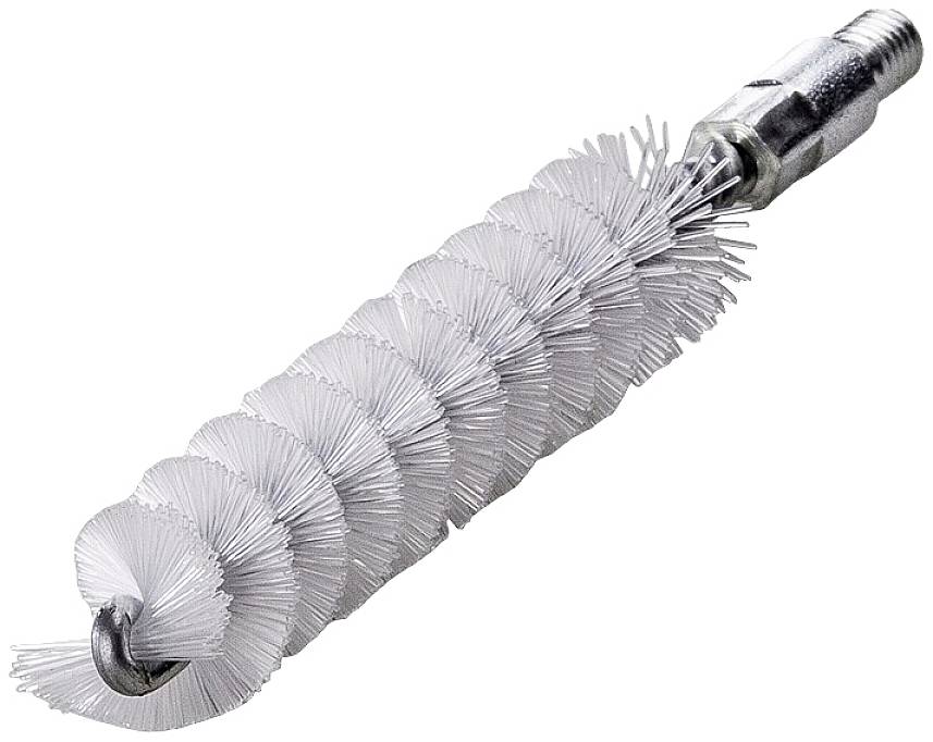 Eine metallene Rohrbürste mit spiralförmig angeordneten Borsten und einem Gewinde am Ende, geeignet zur Reinigung von Rohren.