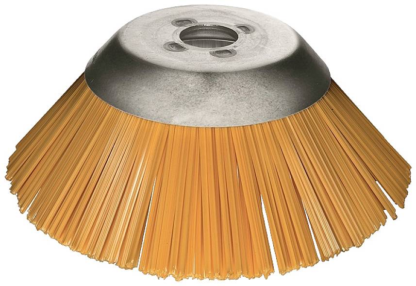 Runde Kehrbürste mit orangefarbenen Borsten und einer metallenen Halterung in der Mitte zur Befestigung an einer Kehrmaschine.