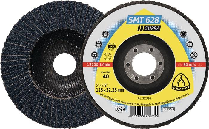 Flap-Disc 'SMT 628 Supra' für Inox und Stahl. Körnung 40, max. 12200 U/min, 125 x 22,23 mm. Hergestellt von Klingspor.