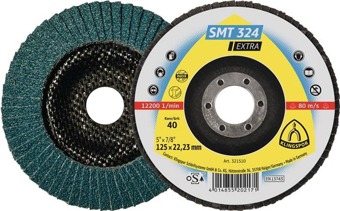 Abgebildet ist eine Schleifscheibe mit der Bezeichnung 'SMT 324 Extra', geeignet für Metallbearbeitung. Körnung 40, Durchmesser 125 mm.