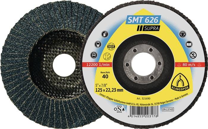 'SMT 626 SUPRA' Schleifscheibe mit 125 x 22,23 mm, Korn 40, Edelstahl geeignet, max. Drehzahl 12200 1/min. Herstellerangaben unten.