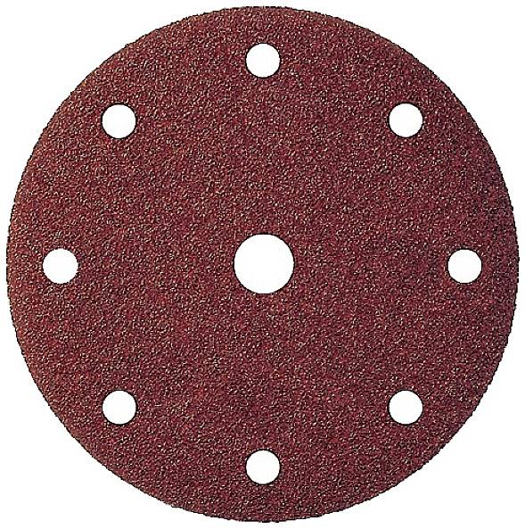 Roter Schleifpapier-Rundbogen mit zentralem Loch und mehreren Randlöchern, geeignet für Schleifmaschinen.