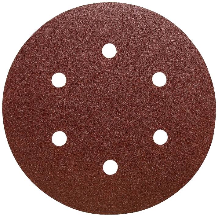 Roter Schleifpapier-Kreis mit sechs symmetrischen Löchern, verwendet für Schleifmaschinen.