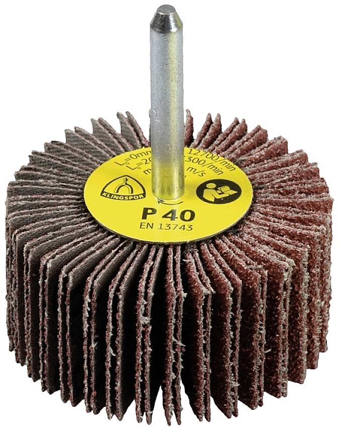 Schleifmop-Pinselaufsatz mit gelbem Etikett, Körnung P40, für Bohrmaschinen. Geeignet zum Schleifen von Materialien.