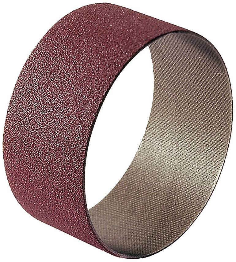 Ein rotes Schleifband in zylindrischer Form. Die raue Oberfläche ist gleichmäßig verteilt und für Schleifarbeiten geeignet.
