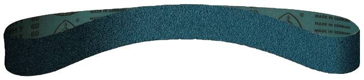 Schleifband mit blauer Schleiffläche, gekrümmte Form, hergestellt in Deutschland. Ideal für Schleifmaschinen.