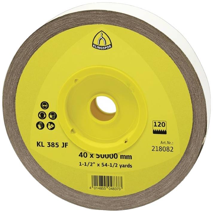 Eine große Rolle Schleifband von Klingspor, Modell KL 385 JF, mit einer Körnung von 120. Maße: 40 mm Breite und 50.000 mm Länge.