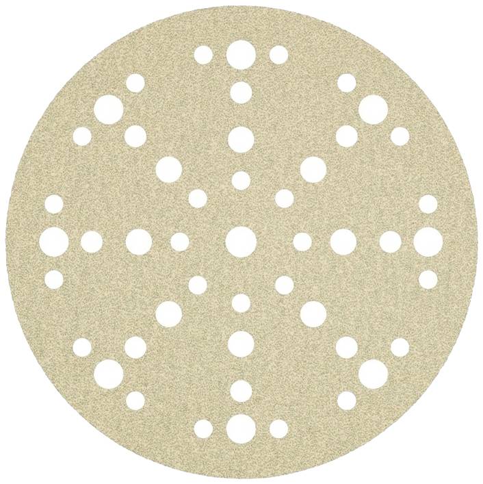 Runde Schleifscheibe aus Sandpapier, hellbeige, mit mehreren symmetrisch angeordneten Löchern unterschiedlicher Größe zur Staubabsaugung.