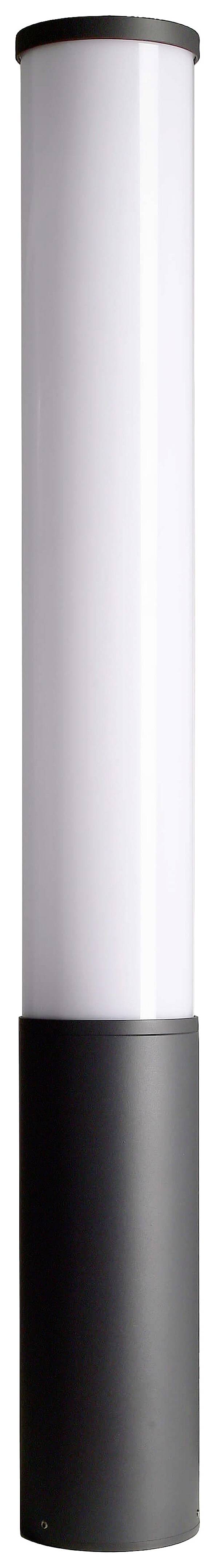 Eine schlanke, zylindrische LED-Leuchte mit schwarzem Sockel und weißem, leuchtendem Mittelteil. Ideal zur Beleuchtung von Wegen oder Gärten.