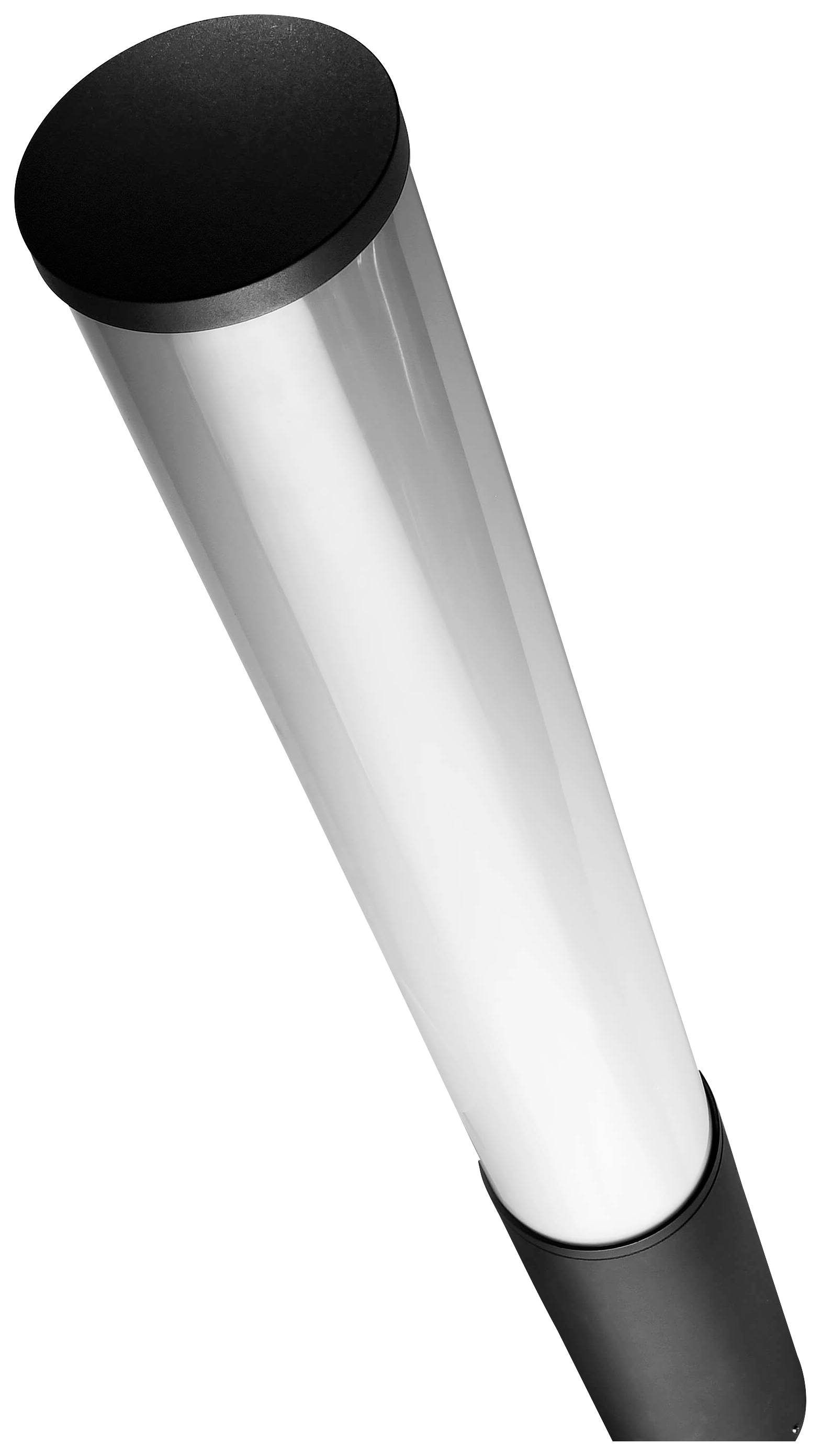 Steel lighting fixture in modern design with cylindrical, elongated shape and reflective surface.