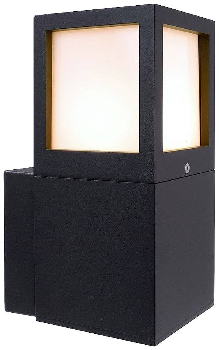 Eine moderne, kubische Außenleuchte mit schwarzem Gehäuse und leuchtendem, weißem Inneren. Sie ist für Wandmontage geeignet.