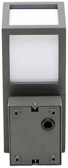 Graue Wandleuchte mit quadratischem Gehäuse und weißem, mattem Leuchtfeld, geeignet für den Außenbereich.