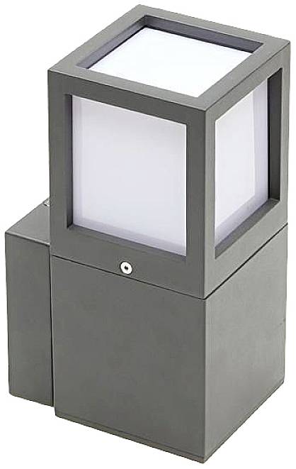 Moderne, quadratische Außenleuchte aus grauem Metall mit mattem Glas; minimalistisches Design, geeignet für Garten oder Eingangsbereich.